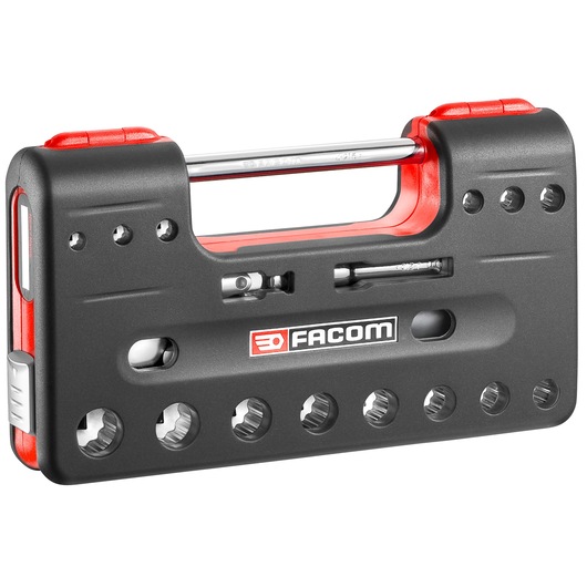 Facom JL.DBOX112PB compact black and red ratchet socket set, front angle on white background.