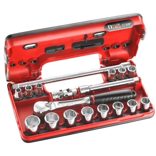 Facom JL.DBOX1PB socket wrench set with chrome sockets and accessories in a red and black case, top view.