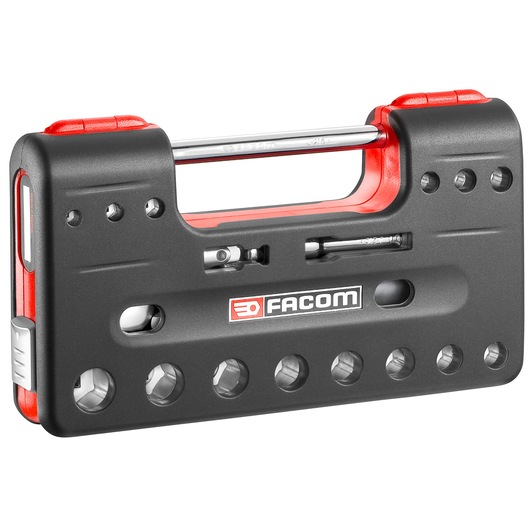 Facom JL.DBOX1PB compact socket set, black and red, front angle, portable case with sockets visible.