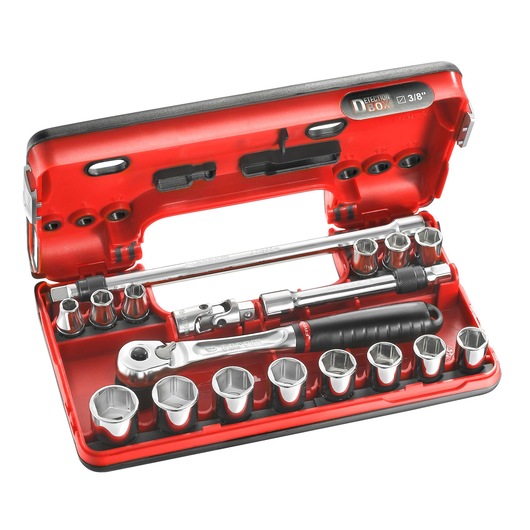 Facom JL_DBOX500 socket wrench set in red case, open front angle showing ratchet and multiple sockets.