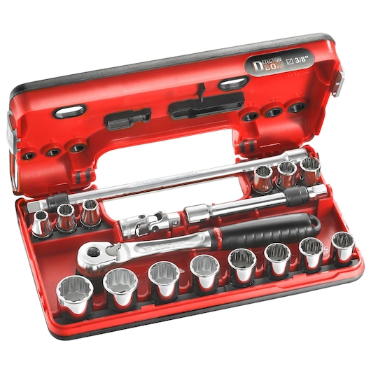 Facom JL_DBOX501 socket and ratchet set in red case, product photo, white background.