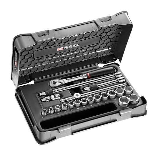 3/8" socket set, 20 pieces, MBOX, pear-head ratchet with push-lock system