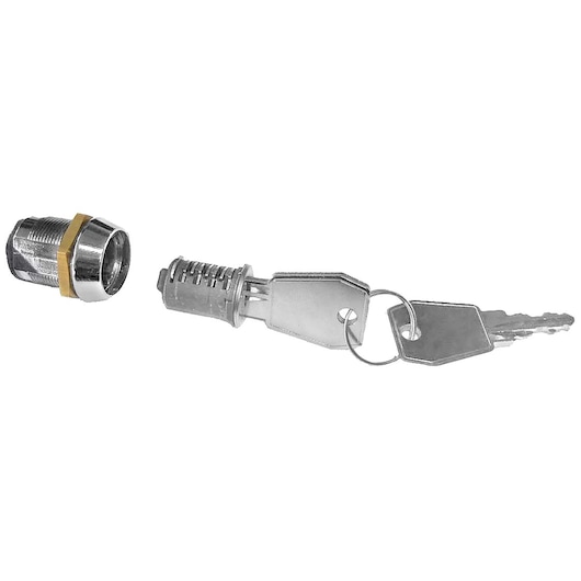 Facom JLS3-1KEY metal locking cylinder and two keys, photographed on white background.