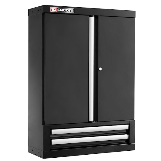 Facom JLS3-2202BS black metal storage cabinet with two doors and two silver drawers, front angle.