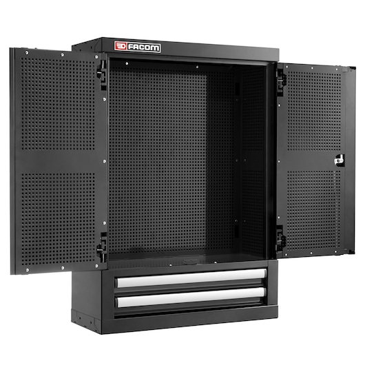 Facom JLS3-2202BS black metal tool cabinet with perforated doors and two lower drawers, front angle.