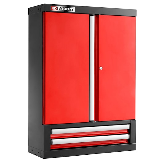 Facom JLS3-2202 red and black wall cabinet with two doors and two drawers, front angle photo.