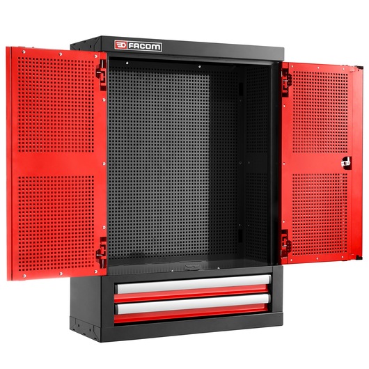 Facom JLS3-2202 wall-mounted tool cabinet with open red perforated doors and two drawers, front angle.