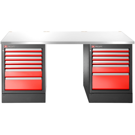 Facom JLS3-2MS13DH workbench with metal top, two red drawer cabinets, front angle.