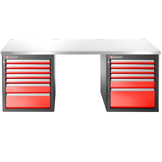 Facom JLS3-2MS13DL workshop bench with dual red drawer cabinets, front angle on white background.