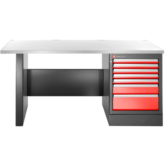 Facom JLS3-2MS7DH workbench with stainless steel top, black frame, and seven red metal drawers, front view.