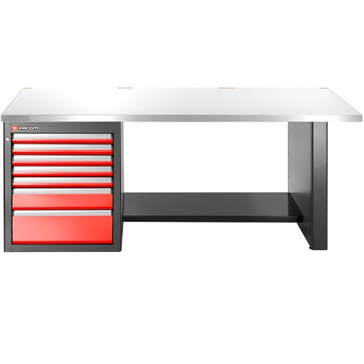 Facom workbench JLS3-2MS7DL with stainless steel top, seven red drawers on left, black shelf underneath, front angle.