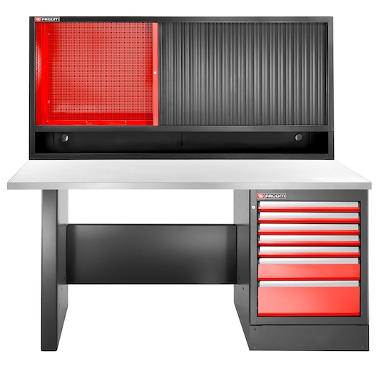 Facom JLS3-2MS7DSCH workshop bench with red drawers, black frame, and upper cabinet, front angle on white background.
