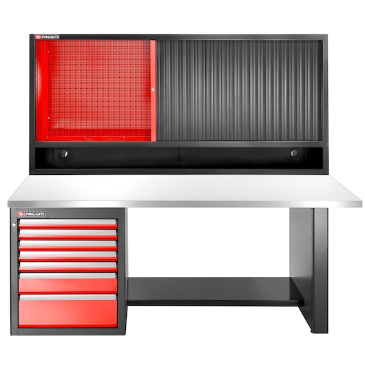 Facom JLS3-2MS7DSCL workbench with red drawers, black cabinet, and metal tabletop, front angle.