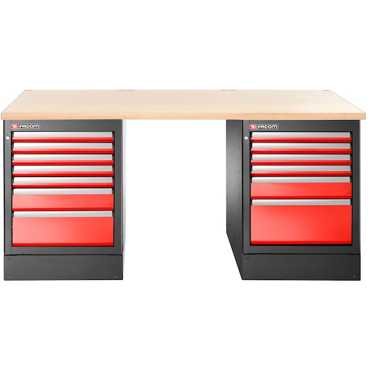 Facom JLS3-2MW13DH workbench with two red drawer cabinets and light wood top, front angle.