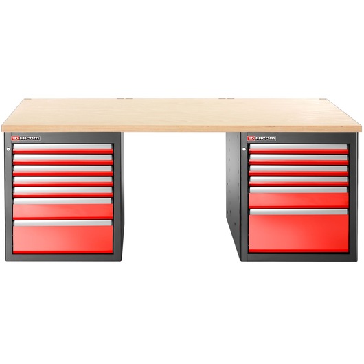 Facom JLS3-2MW13DL workbench with wooden top and red drawer cabinets, front view.