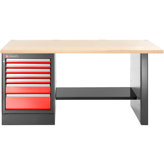 Facom JLS3-2MW7DH workbench with wood top, red drawers, and black metal shelf, front angle.