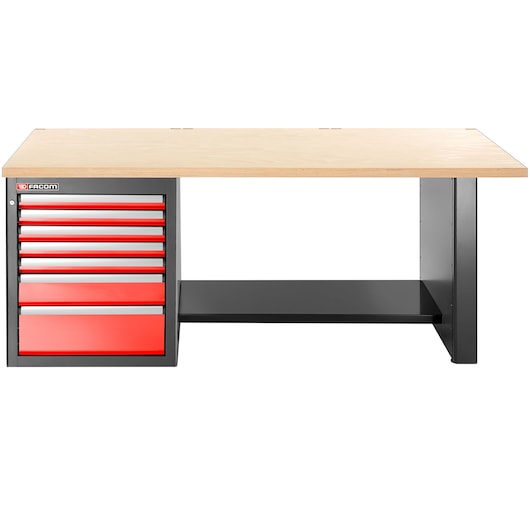 Facom JLS3-2MW7DL workbench with wooden top, black frame, and six red drawers, front angle.