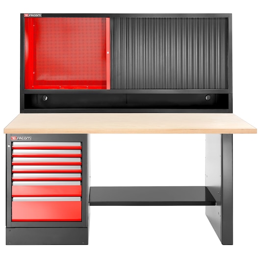 Facom JLS3-2MW7DSCH photography of workbench with red drawers, black frame, wood top, and upper storage.