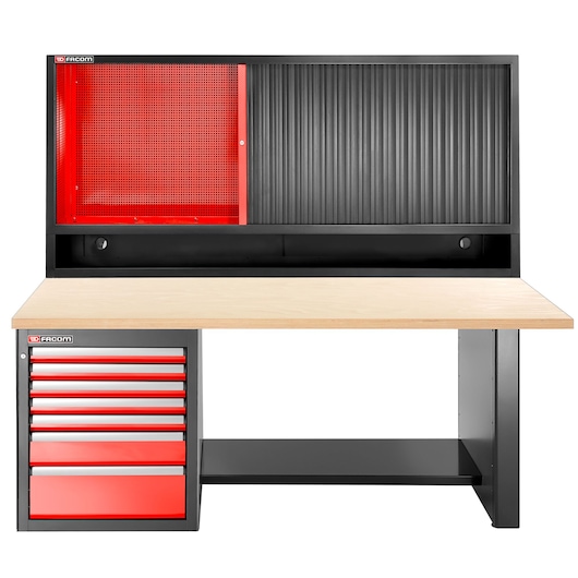 Facom JLS3-2MW7DSCL workbench with wood top, red drawers, and black cabinet, front angle.