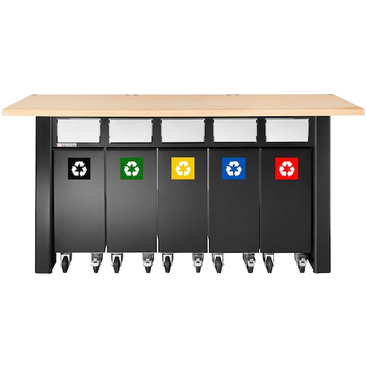 Facom JLS3-5BINS recycling sorting workstation with five black bins on casters, colored recycling labels, front angle.