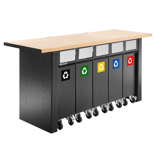 Facom JLS3-5BINS recycling station with wood top and five color-coded bins, left angle, photography.