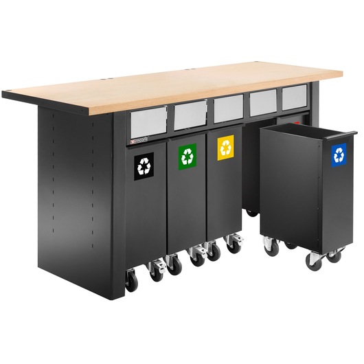 Facom JLS3-5BINS recycling station with wood top and five wheeled bins, front angle.