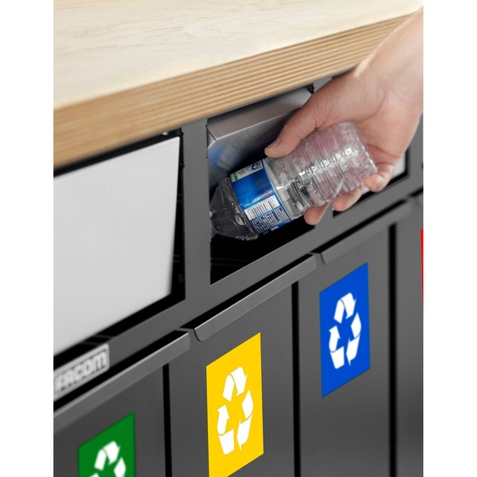 Facom JLS3-5BINS recycling bin unit with three colored recycling labels, photo shows a hand inserting a plastic bottle.