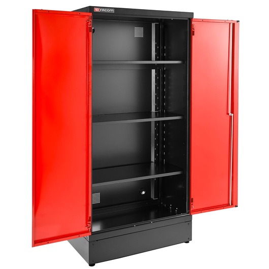 Facom JLS3-A1000PP black storage cabinet with open red doors and adjustable shelves, front angle.