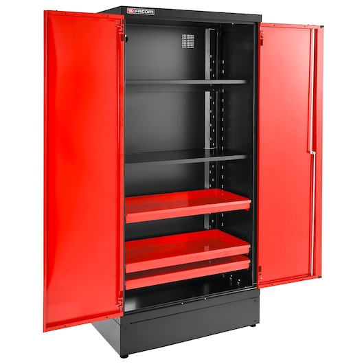Facom JLS3-A1000PP storage cabinet with open red doors, three red pull-out trays, and black shelves, front angle.