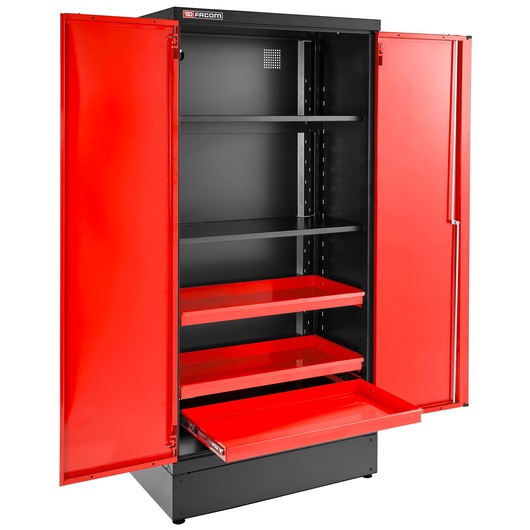 Facom JLS3-A1000PP storage cabinet with red doors, three adjustable shelves, and two pull-out drawers, front angle.