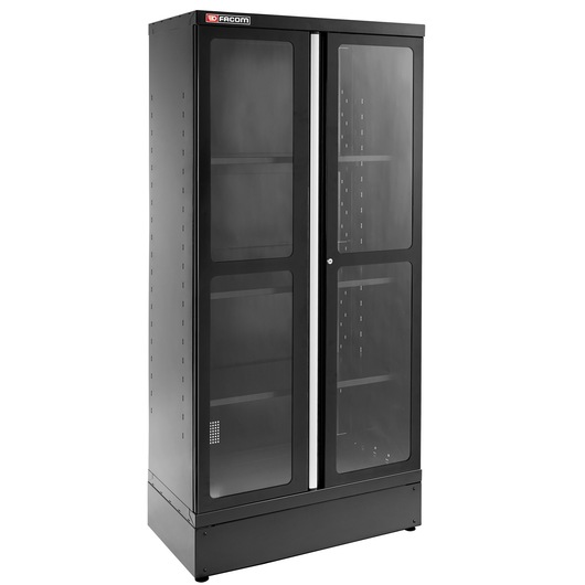 Facom JLS3-A1000PVBS storage cabinet with black metal frame, glass double doors, and adjustable shelves, front angle.