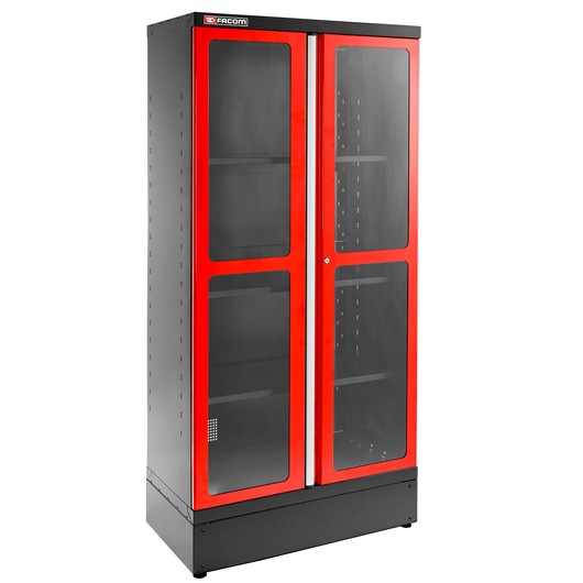 Facom JLS3-A1000PV storage cabinet with red frame and glass doors, angled front view, on white background.