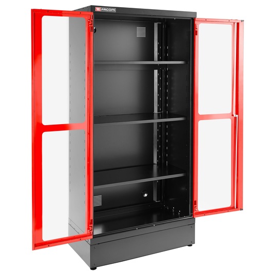 Facom JLS3-A1000PV storage cabinet with red frame, glass doors, and adjustable black shelves, front angle.