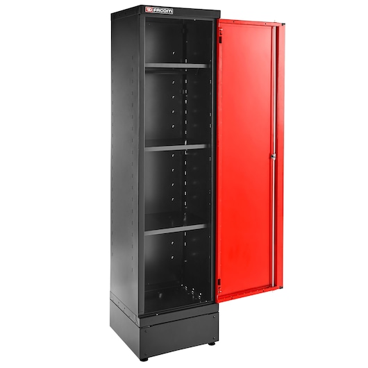 Facom JLS3-A500PP black and red tall storage cabinet with open door and adjustable shelves, front angle.