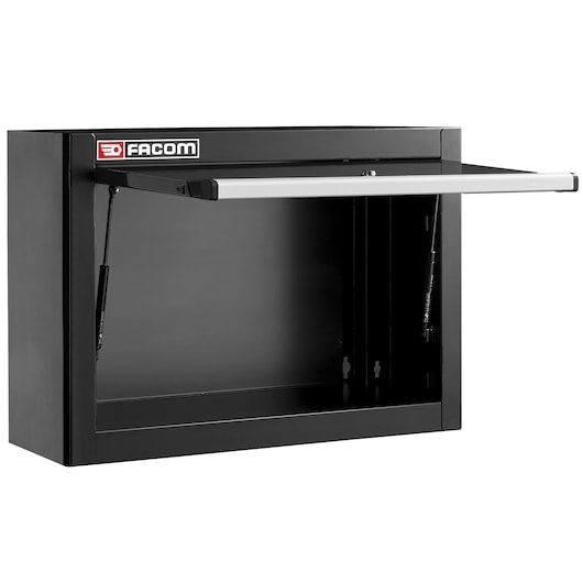 Facom black wall-mounted tool cabinet JLS3-CHSPPBS with gas-assisted door open, product shown at angle on white background.