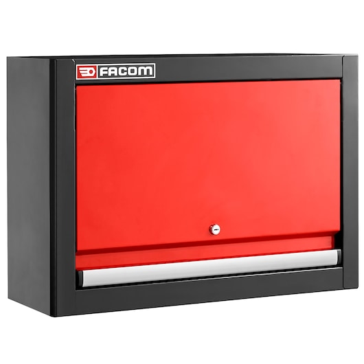 Facom JLS3-CHSPP wall-mounted tool cabinet with red front, black frame, lock, and silver handle, front angle.