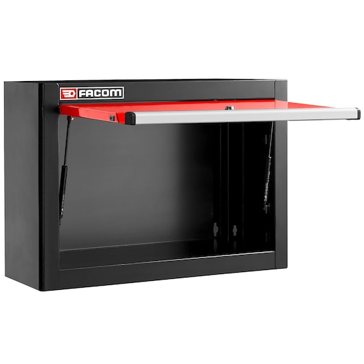 Facom JLS3-CHSPP black wall cabinet with open red and gray lift-up door, front angle on white background.