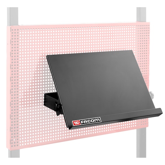 Photo of Facom JLS3-LAPTOPBS black laptop holder mounted on a perforated panel, front angle.