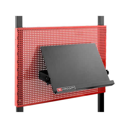 Facom JLS3-LAPTOPBS black laptop stand on a red perforated wall panel, front angle on white background.