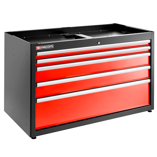 Facom JLS3-MBD5T red and black tool chest with five drawers, angled front view, photography on white background.