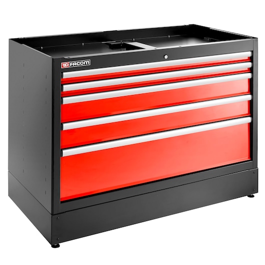 Facom JLS3-MBD5T tool chest with five red drawers, black frame, front angle on white background.