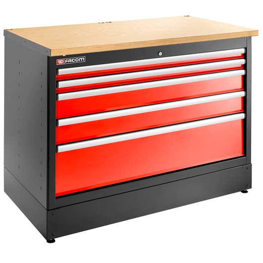 Facom JLS3-MBD5T tool chest with five red drawers, black frame, and wood top, angled front view.