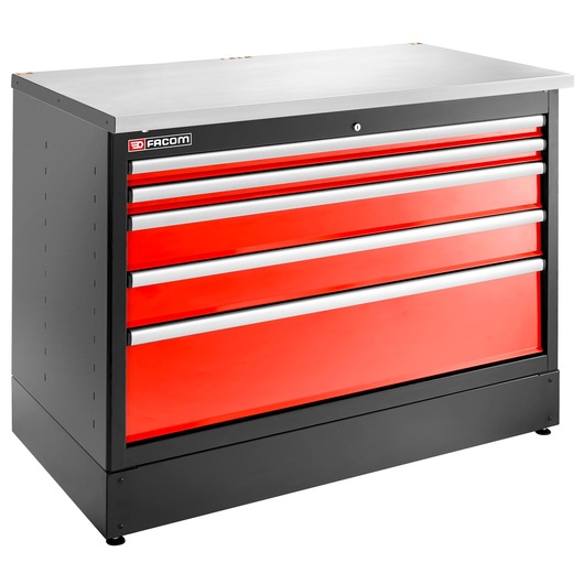 Facom JLS3-MBD5T tool chest with five red drawers and black frame, angled front view on white background.