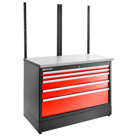 Photo of Facom JLS3-MBD5T tool chest with five red drawers, black frame, and vertical support rails, front angle.