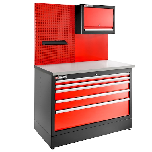 Facom JLS3-MBD5T tool storage workstation with red drawers, pegboard, and upper cabinet, front angle.