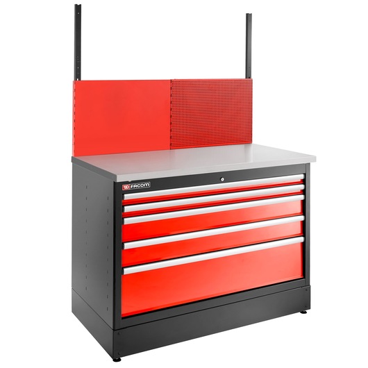Facom JLS3-MBD5T tool cabinet with five red drawers, black frame, metal top, and red pegboard, front angle.