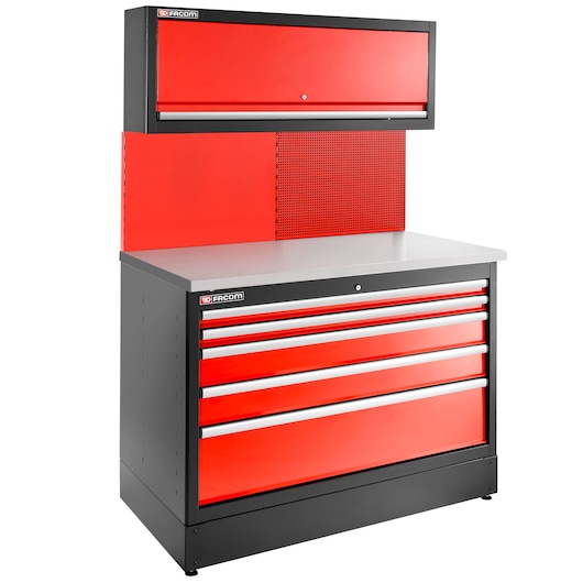 Facom JLS3-MBD5T red and black tool cabinet with upper storage, five drawers, and perforated panel, front angle.