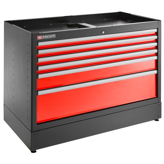 Facom JLS3-MBD6T tool chest with six red drawers, black frame, front angle, photography category.
