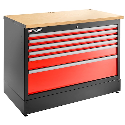 Facom JLS3-MBD6T tool chest with six red drawers, black frame, wood top, front angle, workshop storage unit.