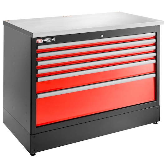 Facom JLS3-MBD6T red and black metal tool chest with six drawers, front angle, white background.